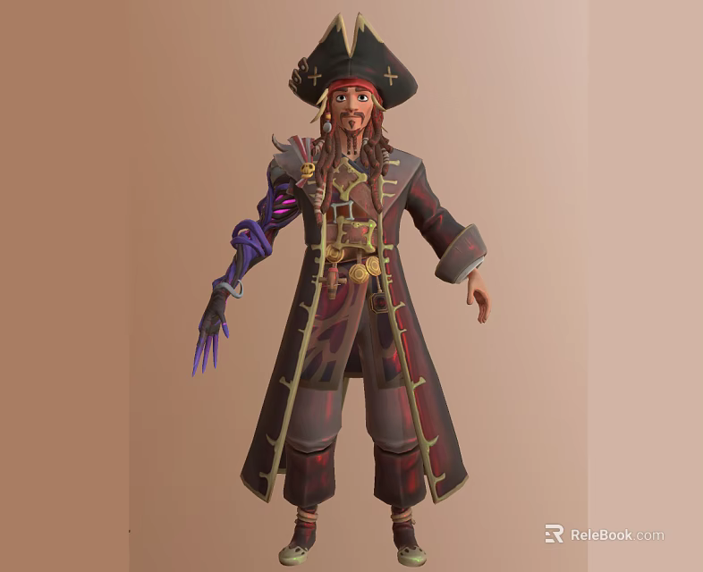 Pirate Character With Triangular Hat Long Beard Decorative Coat And Purple Arm 3d model 