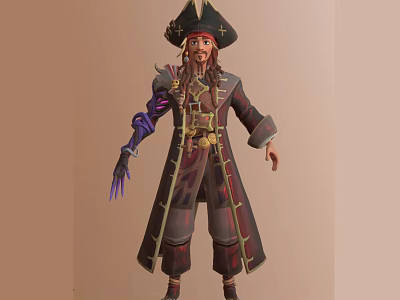 Pirate Character With Triangular Hat Long Beard Decorative Coat And Purple Arm 3d model