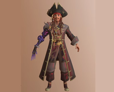 Pirate Character With Triangular Hat Long Beard Decorative Coat And Purple Arm 3d model