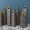 Decorative Stone Pillars With Gold And Gray Lion Statues In Blue Background On White Pebbles