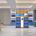 Modern Exhibition Hall With Blue Bottles Display Shelves And Earth Design Counter