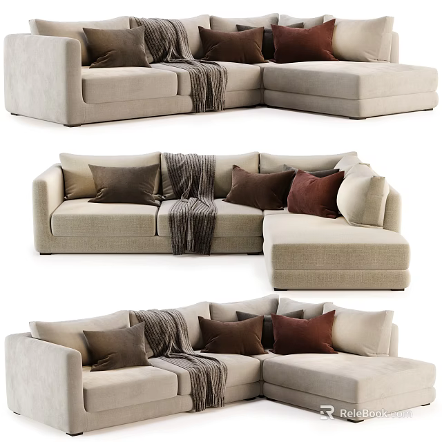 Beige L Shaped Fabric Sectional Sofa With Multiple Decorative Throw Pillows And Blanket 3d model