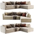 Beige L Shaped Fabric Sectional Sofa With Multiple Decorative Throw Pillows And Blanket 3d model