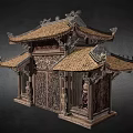 Traditional Chinese Ancient Architecture With Carved Roof Intricate Wooden Doors And Decorative Statues