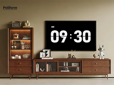 Modern TV Stand with Wooden Storage Drawers Open Shelves and Decorative Items 3d model