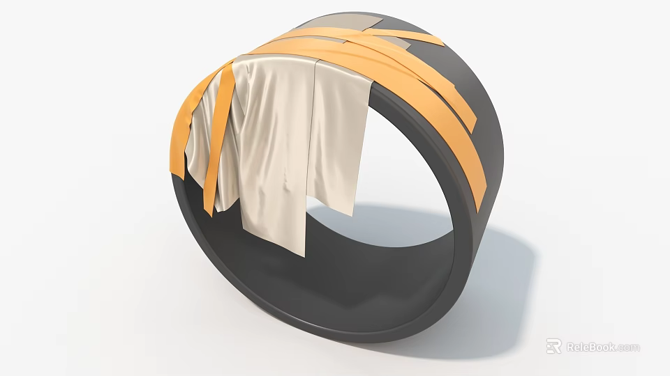 Art Installation Featuring Black Circular Structure Wrapped With Orange Straps And Draped White Fabric 3d model 