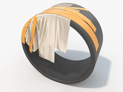 Art Installation Featuring Black Circular Structure Wrapped With Orange Straps And Draped White Fabric 3d model