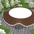 Circular Building With Wavy Brown Roof Surrounded By Green Grass Trees Gray Striped Pavement And People