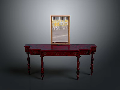 Red Carved Wooden Table With Gold Frame Displaying Yellow Flowers On Dark Backdrop 3d model