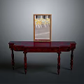 Red Carved Wooden Table With Gold Frame Displaying Yellow Flowers On Dark Backdrop