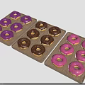 Colorful Donuts Arranged on Wooden Trays with Purple Brown and Pink Glazes