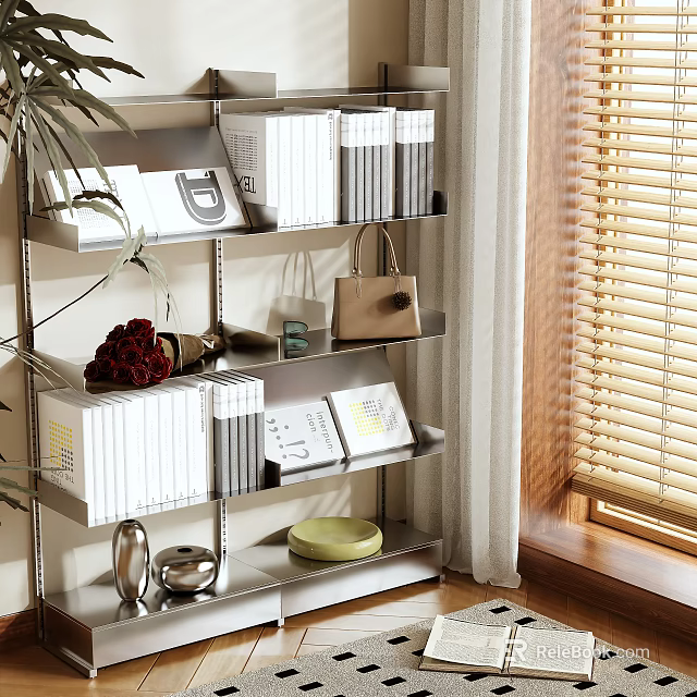 Metal Storage Shelf With Books Handbag Decorative Items Plant And Window Blinds 3d model 