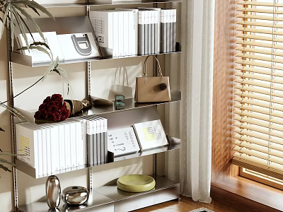 Metal Storage Shelf With Books Handbag Decorative Items Plant And Window Blinds 3d model