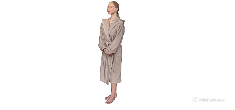 A Woman Wearing Light Brown Hooded Robe With Belt Standing Barefoot 3d model 