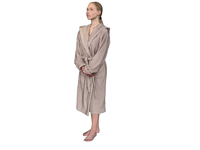 A Woman Wearing Light Brown Hooded Robe With Belt Standing Barefoot 3d model