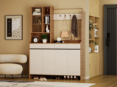 Modern Shoe Cabinet With Hanging Hooks Storage Shelves And Decorative Plants 3d model