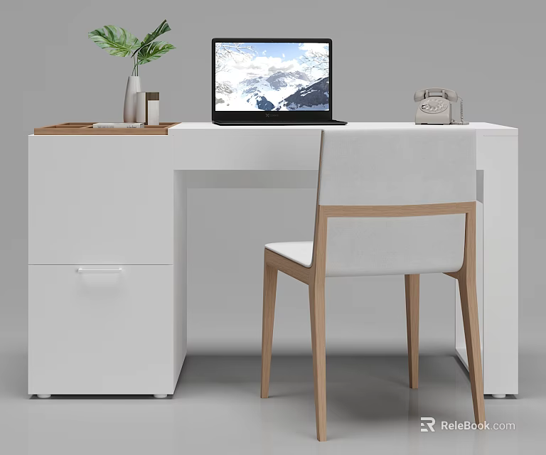 Modern White Desk with Laptop Green Plant Vintage Phone Tray and Wooden Leg Chair 3d model 