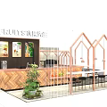 Fresh Fruit Store Interior With Wooden Counter Menu Boards Green Plants And Tables