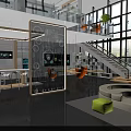 Modern Open Lounge Interior With Glass Partition Staircase Large Windows And Colorful Seating