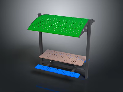 Outdoor Table With Green Perforated Canopy Wooden Tabletop Blue Base And Metal Frame 3d model