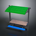 Outdoor Table With Green Perforated Canopy Wooden Tabletop Blue Base And Metal Frame