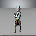 Serious Blue Haired Character Wearing Lab Coat With Yellow Pants Mechanical Legs Holding Weapon