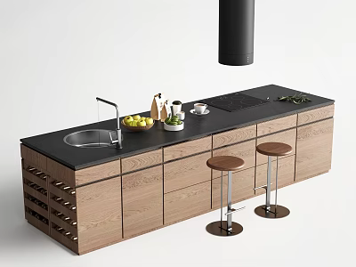 Modern Bar Counter With Black Top Wooden Cabinets Two Stools Sink And Wine Rack 3d model