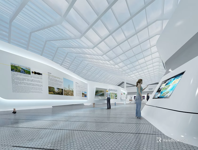 Modern Exhibition Hall Interior With Geometric Ceiling Digital Screens And People Visiting 3d model 