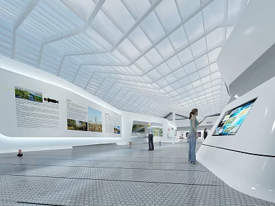 Modern Exhibition Hall Interior With Geometric Ceiling Digital Screens And People Visiting 3d model