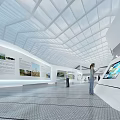 Modern Exhibition Hall Interior With Geometric Ceiling Digital Screens And People Visiting