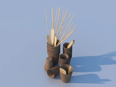 Eco Friendly Disposable Paper Cups With Stacked Design And Wooden Sticks 3d model