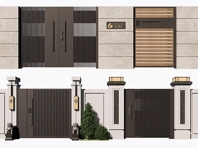 Modern Entrance Gate Design With Black Metal Slats Wooden Stripes And Stone Pillars Wall Lamps 3d model