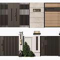 Modern Entrance Gate Design With Black Metal Slats Wooden Stripes And Stone Pillars Wall Lamps