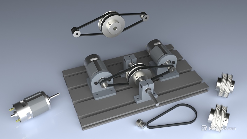 Industrial Equipment Mechanical Parts With Bearings Pulleys Belt And Metal Bracket 3d model 