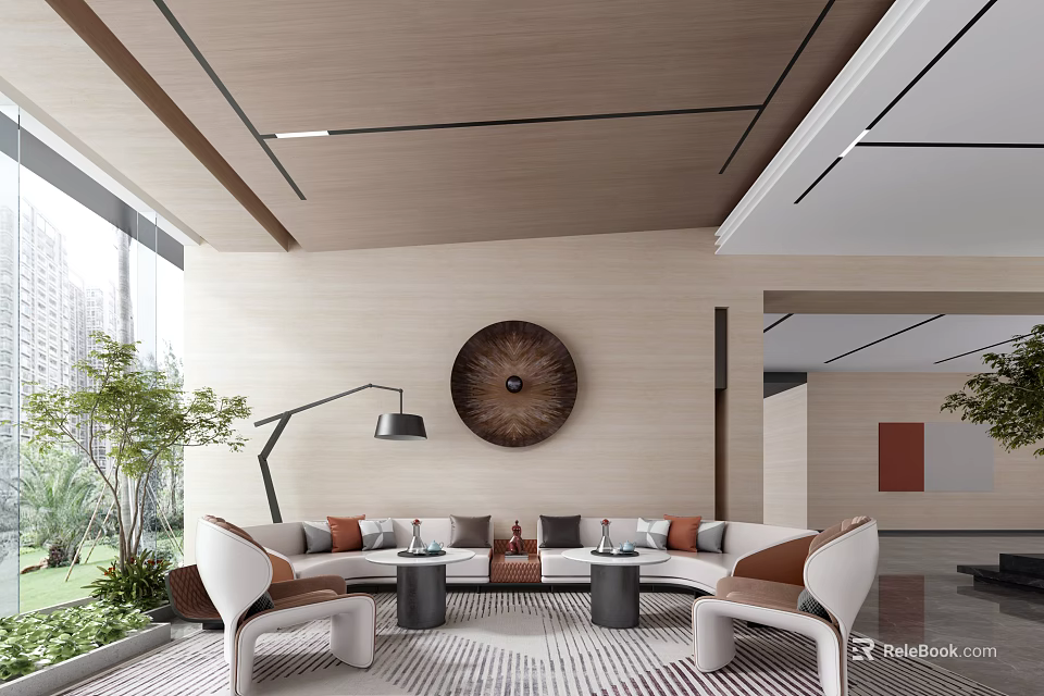 Stylish Lounge Area Featuring Comfortable Sofa Coffee Tables Floor Lamp Circular Wall Art And Plants 3d model 