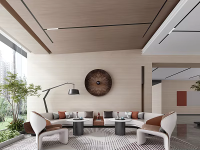 Stylish Lounge Area Featuring Comfortable Sofa Coffee Tables Floor Lamp Circular Wall Art And Plants 3d model