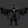 Futuristic Mechanical Robot With Winged Metallic Armor Circular Headpiece And Glowing Core