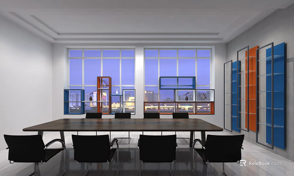Modern Conference Room With Long Wooden Table Black Chairs Large Windows And Colorful Partitions 3d model 
