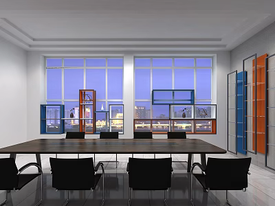 Modern Conference Room With Long Wooden Table Black Chairs Large Windows And Colorful Partitions 3d model
