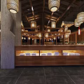 Traditional Asian Restaurant Interior With Large Buddha Statue Wooden Tables And Hanging Lanterns