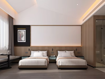 Minimalist Hotel Room Interior With Twin Beds Wooden Elements And Floor to Ceiling Windows 3d model