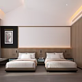 Minimalist Hotel Room Interior With Twin Beds Wooden Elements And Floor to Ceiling Windows