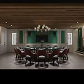 Modern Clubhouse Interior With Wooden Ceiling Green Plants Billiard Table Sofa And Dining Chairs