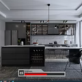 Modern Restaurant Open Kitchen Area With Island Counter Dining Table Pendant Lights And Gray Cabinets