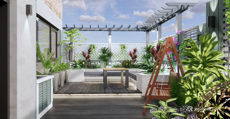 Cozy Roof Garden Design With Wooden Deck Pergola Swing Chair And Lush Green Plants 3d model 