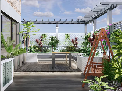 Cozy Roof Garden Design With Wooden Deck Pergola Swing Chair And Lush Green Plants 3d model