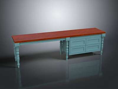 Vintage Wooden Dining Table With Red Tabletop And Blue Drawer Cabinet 3d model