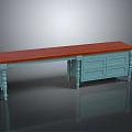 Vintage Wooden Dining Table With Red Tabletop And Blue Drawer Cabinet 3d model