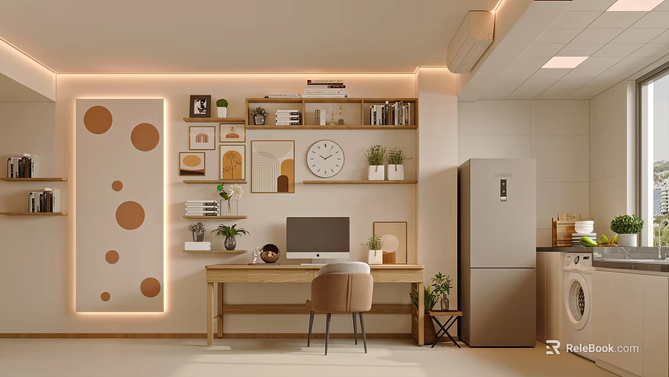 Modern Living Room Interior With Wooden Desk Computer Chair Shelf And Circular Pattern Wall 3d model 