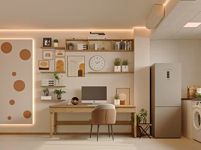 Modern Living Room Interior With Wooden Desk Computer Chair Shelf And Circular Pattern Wall 3d model